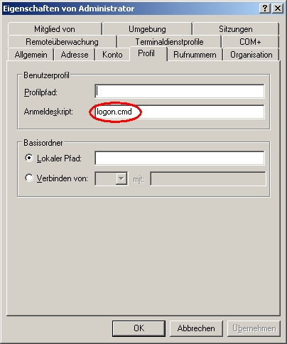 Correct path to the logon script for user Administrator