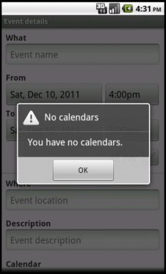 Android 2.2 Froyo: You have no calendars