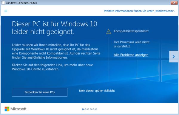 Update auf Windows 10: Der Prozessor wird nicht unterstützt