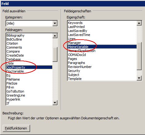 Microsoft Word: Feld DocProperty einfügen