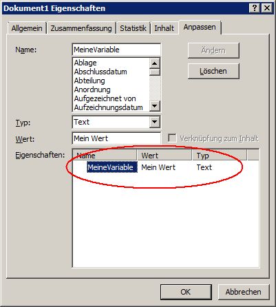 Microsoft Word: Dokumenteigenschaft hinzugefügt