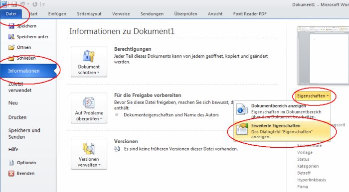 Microsoft Word: Erweiterte Eigenschaften definieren