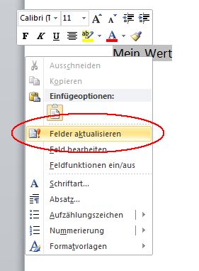 Microsoft Word: Feld aktualisieren